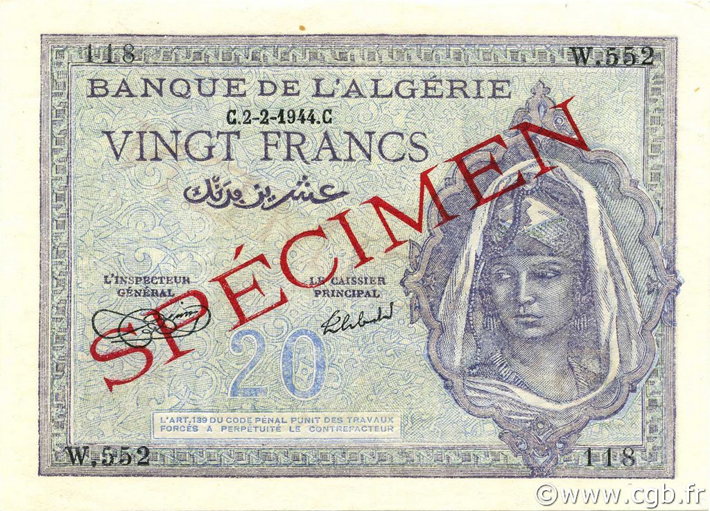 20 Francs Spécimen ARGELIA  1944 P.092s SC+