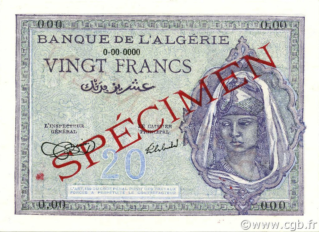 20 Francs ALGERIA  1942 P.092s UNC