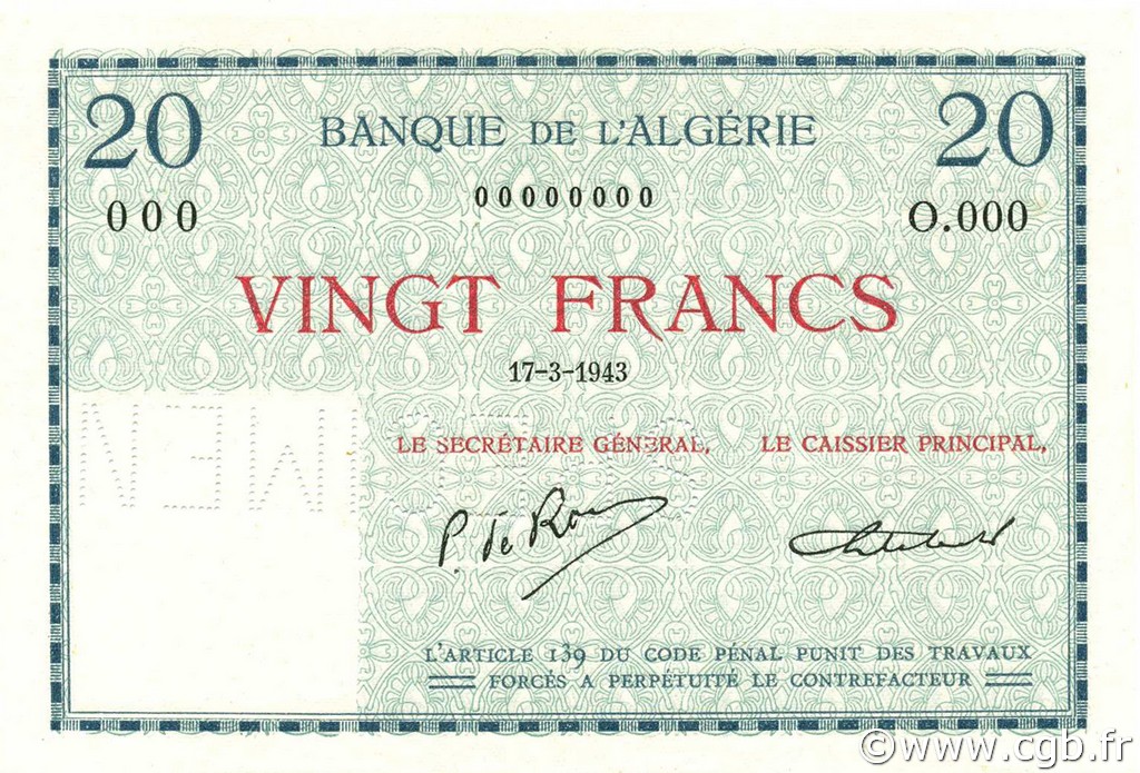 20 Francs ALGERIEN  1943 P.092As ST