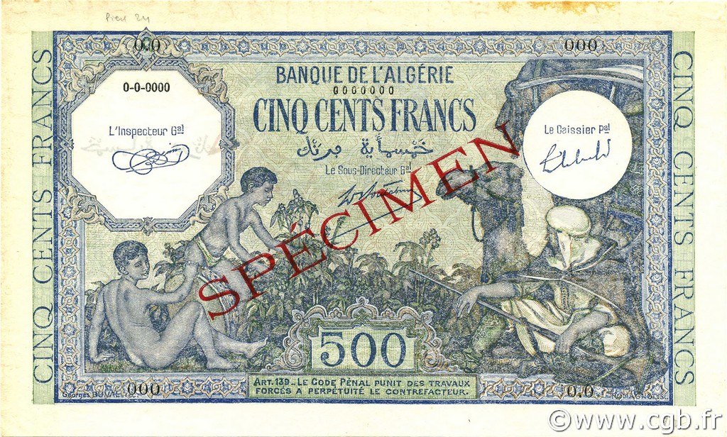 500 Francs ALGERIA  1943 P.093s AU+