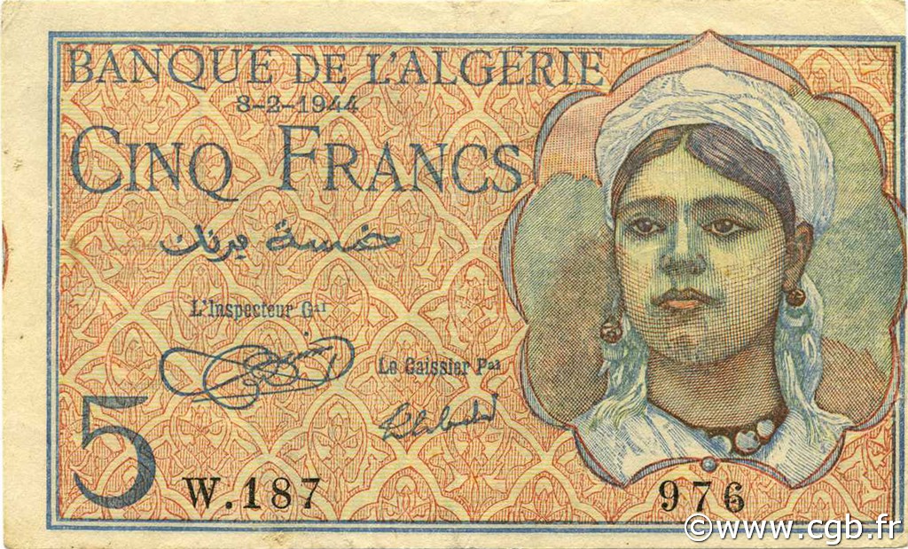 5 Francs ALGERIA  1944 P.094a SPL