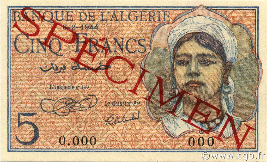 5 Francs ALGERIA  1944 P.094s q.FDC