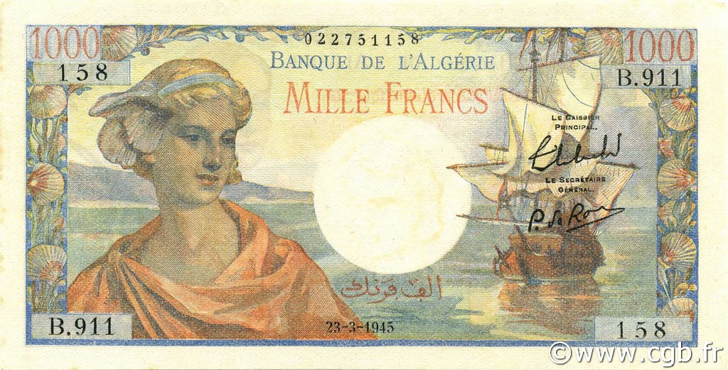 1000 Francs réserve ALGERIEN  1945 P.096 fST
