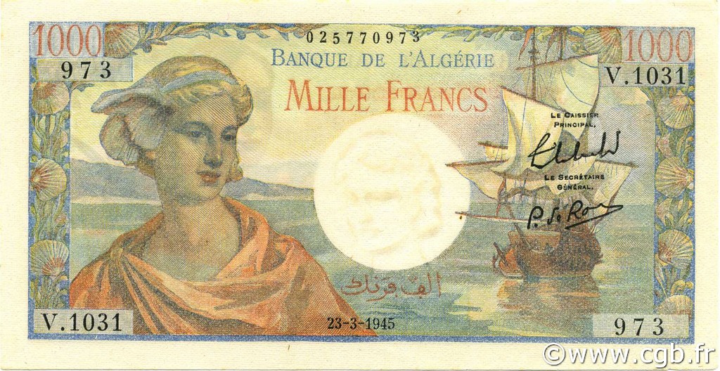 1000 Francs réserve ALGERIA  1945 P.096 SPL