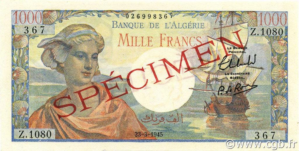 1000 Francs réserve ALGERIA  1945 P.096s q.FDC