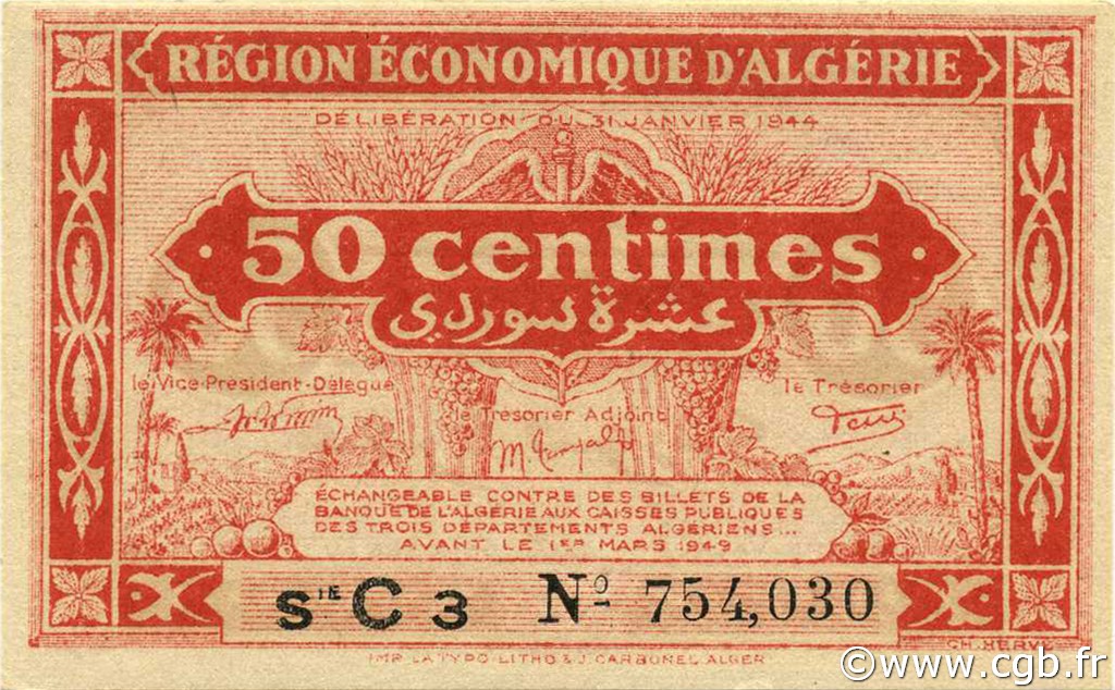 50 Centimes ALGERIA  1944 P.097a q.FDC
