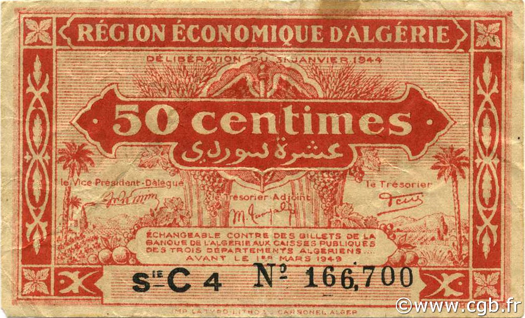 50 Centimes ALGERIA  1944 P.097a BB