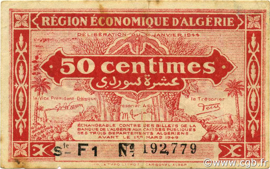 50 Centimes ALGERIA  1944 P.097b VF+