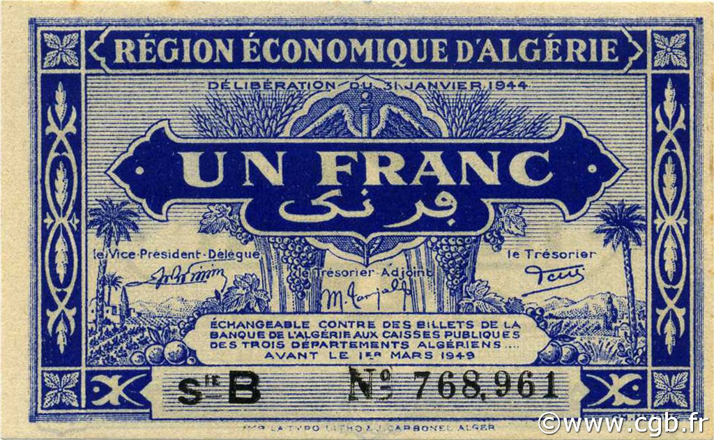 1 Franc ALGERIEN  1944 P.098a fST+