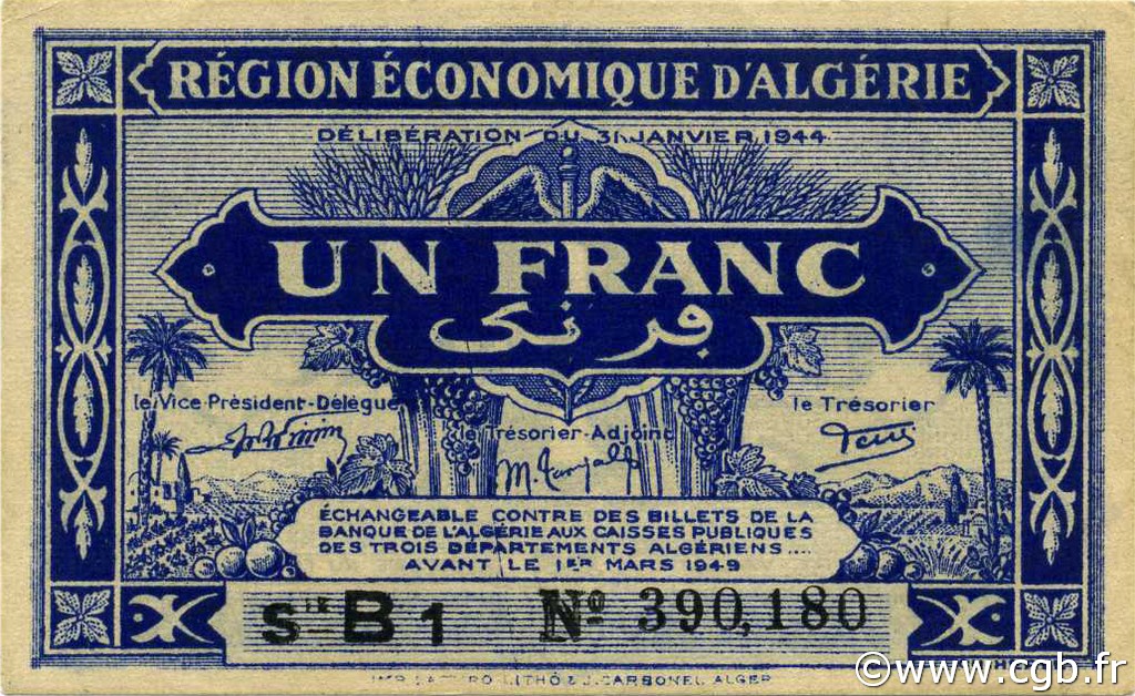 1 Franc ALGERIA  1944 P.098a AU