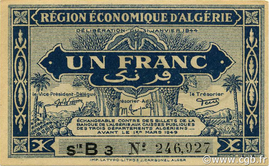 1 Franc ALGERIA  1944 P.098a q.FDC