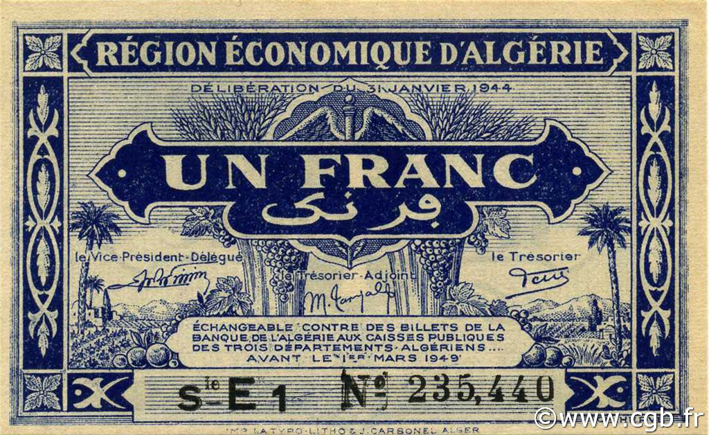 1 Franc ALGERIA  1944 P.098b UNC-