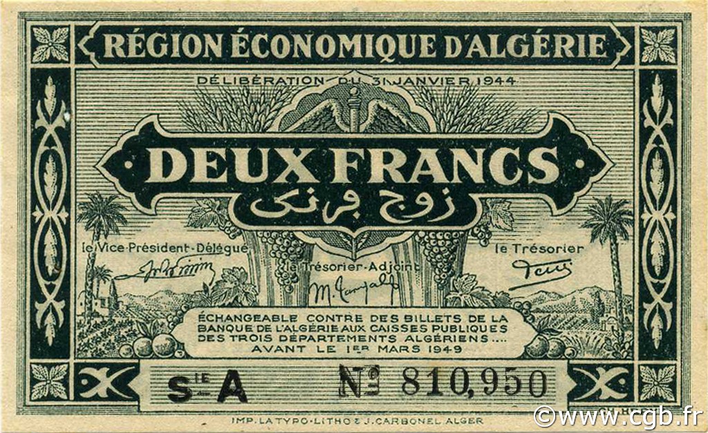 2 Francs ARGELIA  1944 P.099a SC
