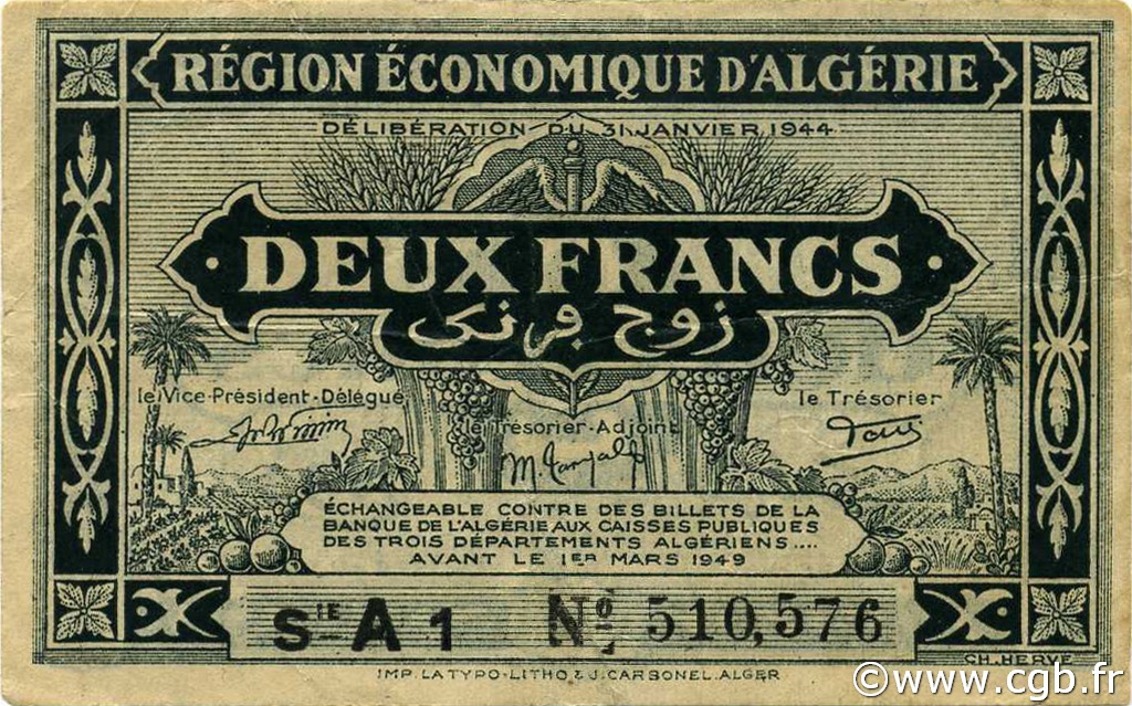 2 Francs ALGERIA  1944 P.099a VF+