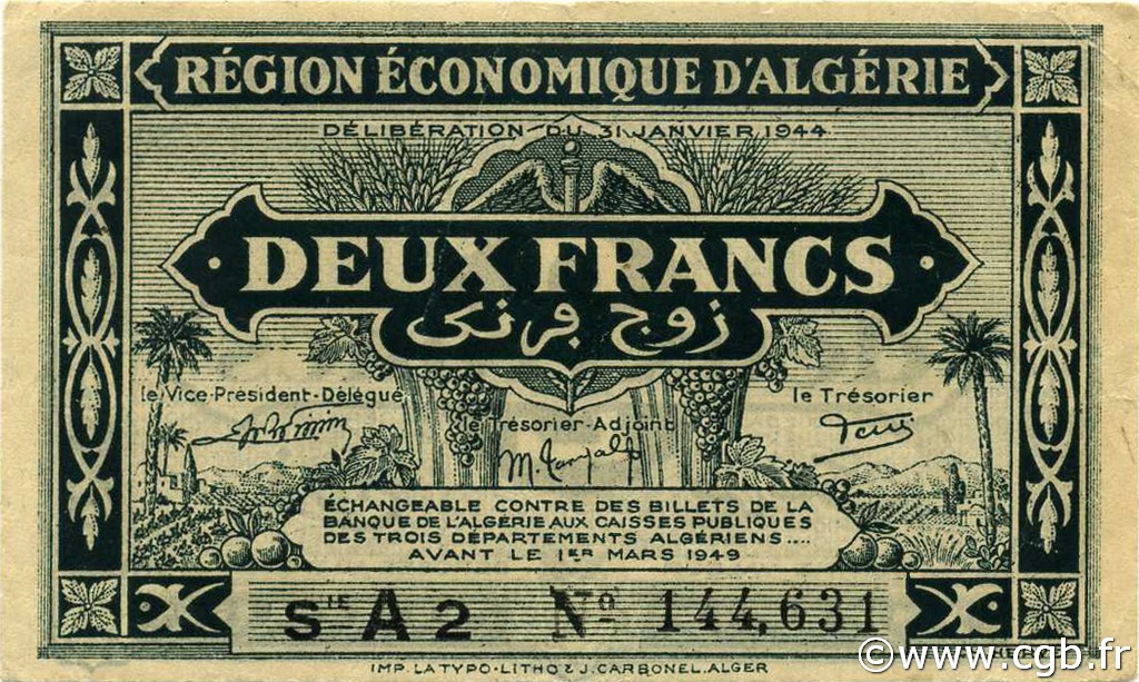 2 Francs ALGERIA  1944 P.099a SPL