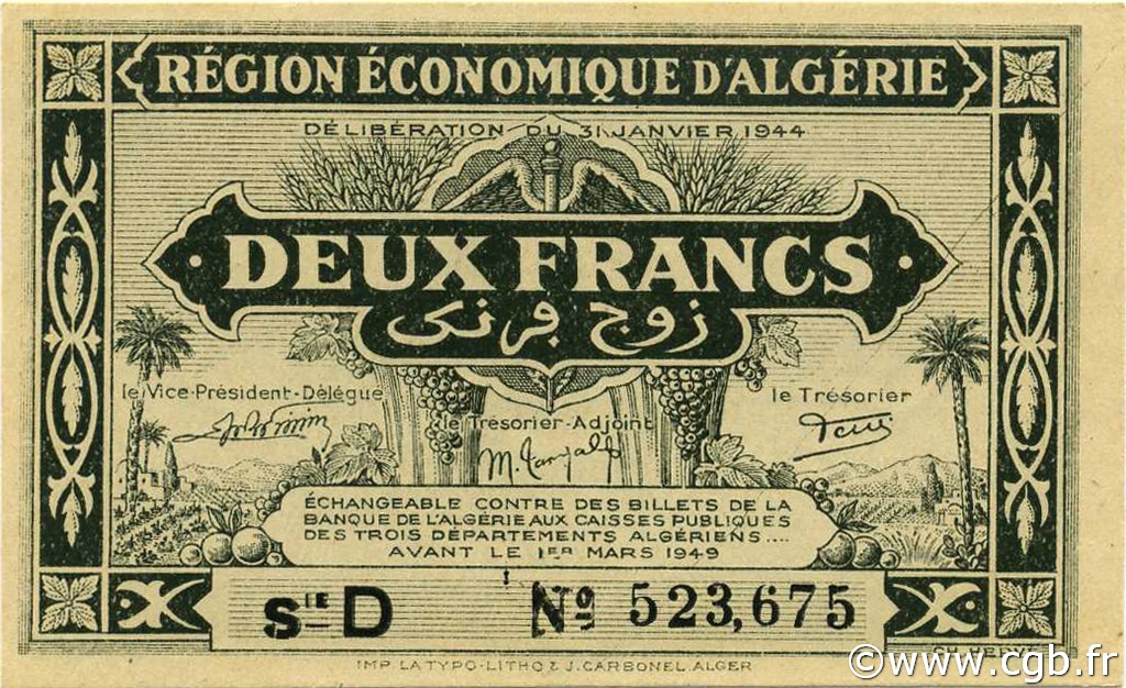 2 Francs ALGERIA  1944 P.099b FDC
