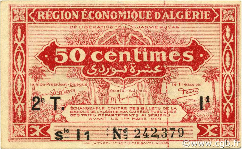 50 Centimes ALGERIA  1944 P.100 SPL