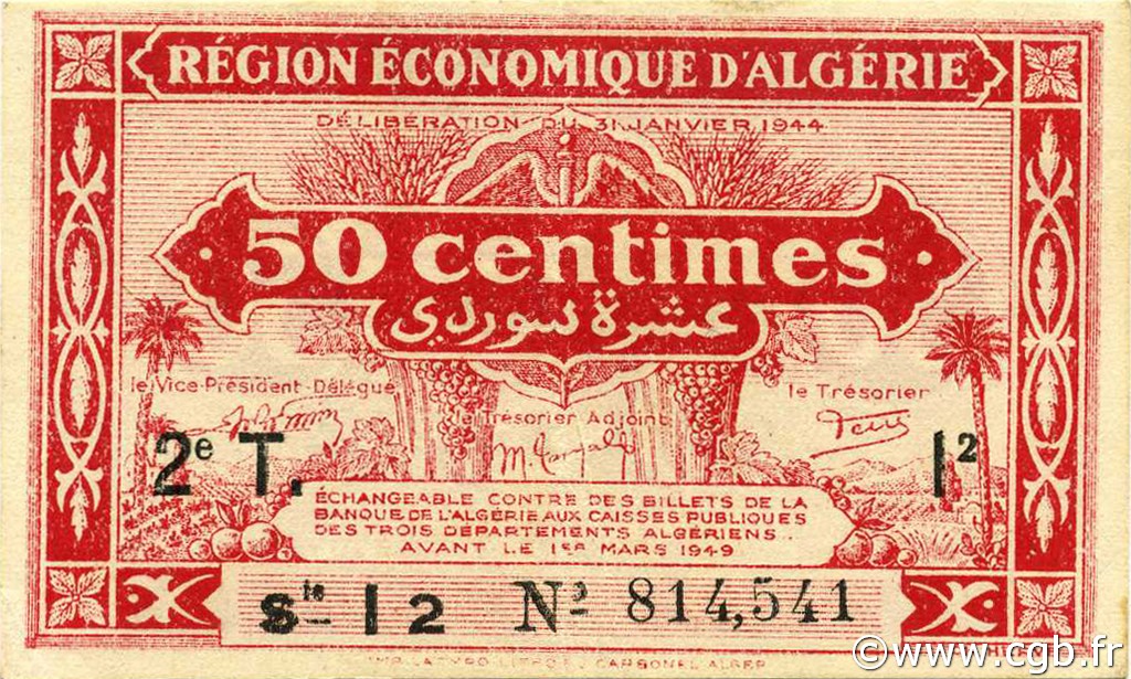 50 Centimes ALGERIA  1944 P.100 SPL+