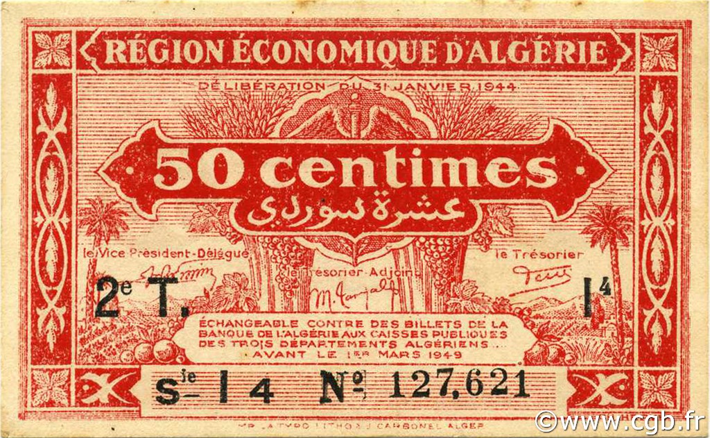 50 Centimes ALGERIA  1944 P.100 UNC-