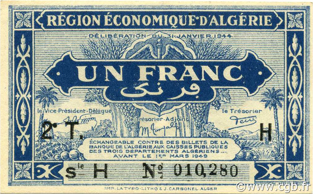 1 Franc ALGERIA  1944 P.101 q.FDC