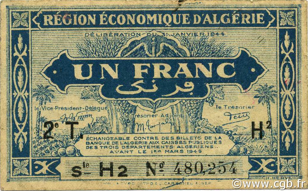 1 Franc ALGERIA  1944 P.101 BB
