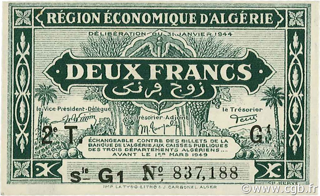 2 Francs ARGELIA  1944 P.102 SC+