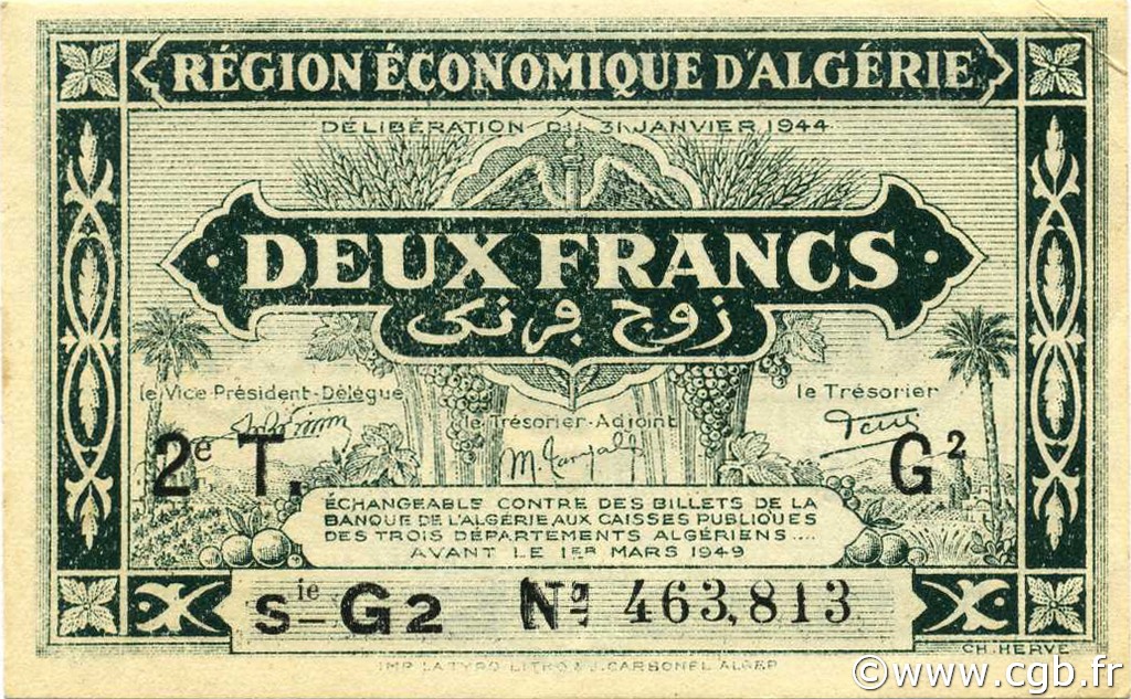 2 Francs ALGERIA  1944 P.102 q.FDC
