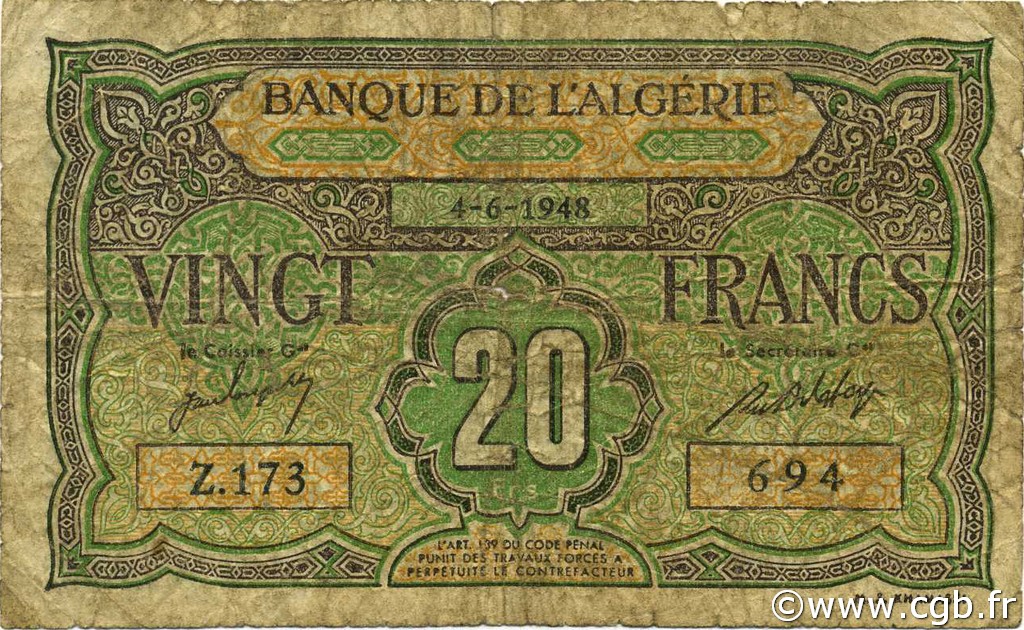 20 Francs ALGERIA  1948 P.103 G