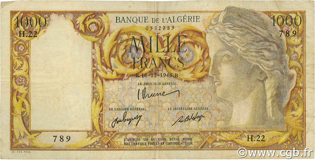 1000 Francs ALGERIEN  1946 P.104 S to SS