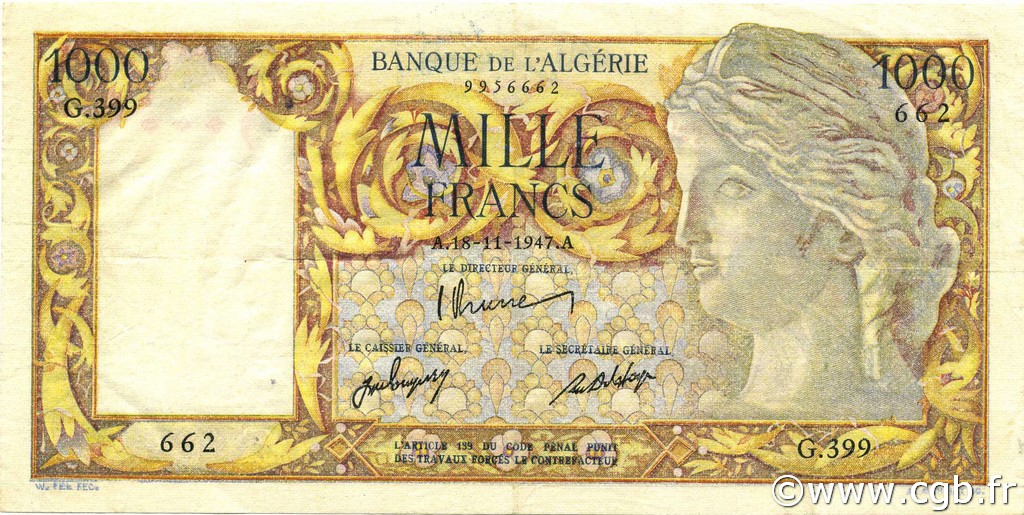1000 Francs ALGERIEN  1947 P.104 fVZ