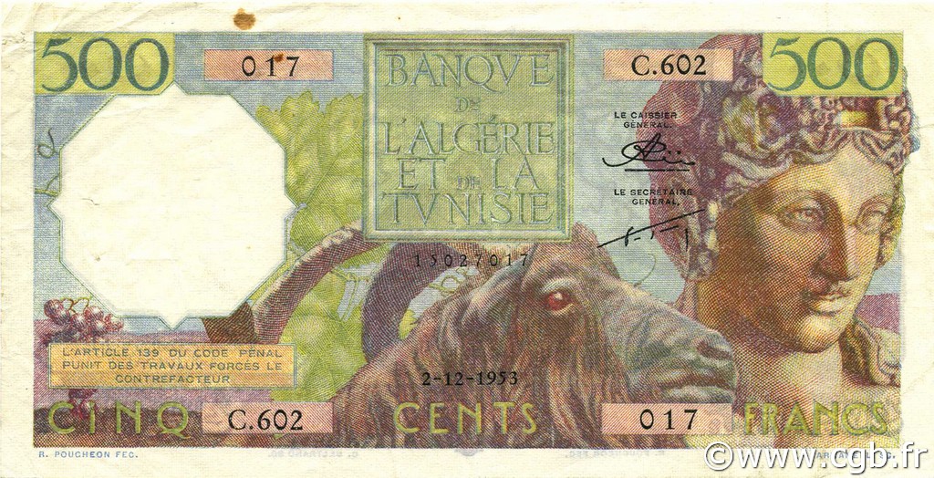 500 Francs ALGERIEN  1953 P.106 fVZ