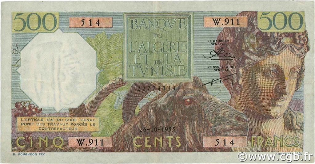 500 Francs ALGERIEN  1955 P.106 fVZ