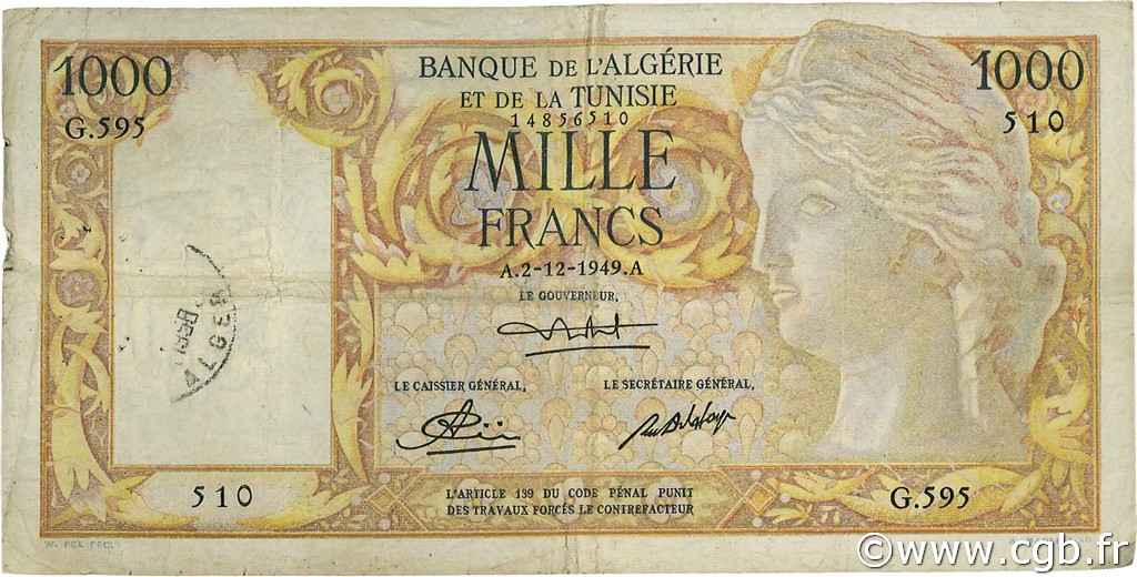 1000 Francs ALGERIA  1949 P.107a q.BB
