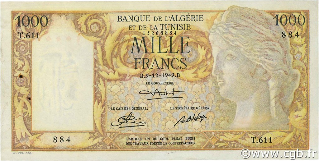 1000 Francs ALGERIEN  1950 P.107a VZ