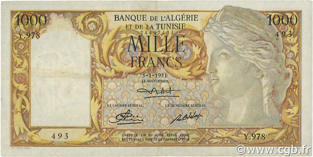 1000 Francs ALGERIEN  1951 P.107a fVZ