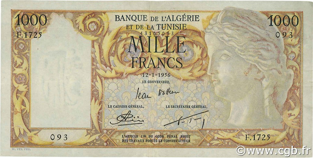 1000 Francs ALGERIEN  1956 P.107b fVZ