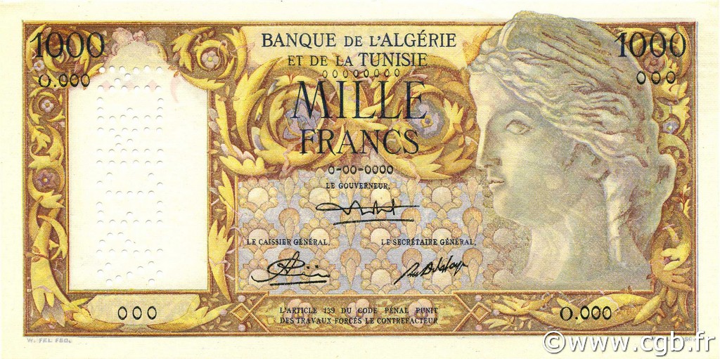1000 Francs ALGERIA  1946 P.107s FDC
