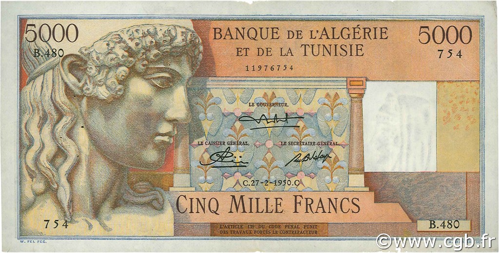 5000 Francs ALGERIA  1950 P.109a q.BB