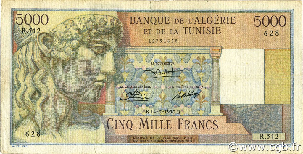 5000 Francs ALGÉRIE  1950 P.109a TB