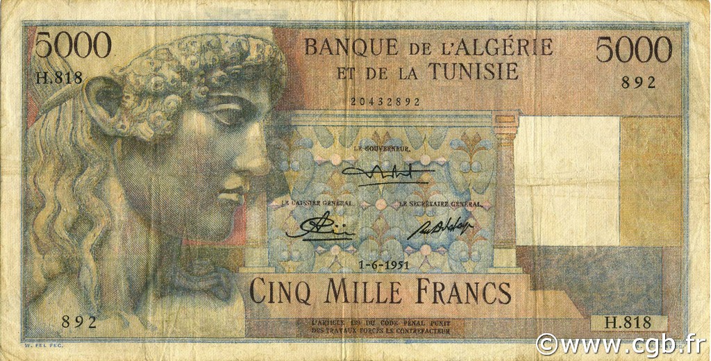 5000 Francs ALGERIEN  1951 P.109a fSS