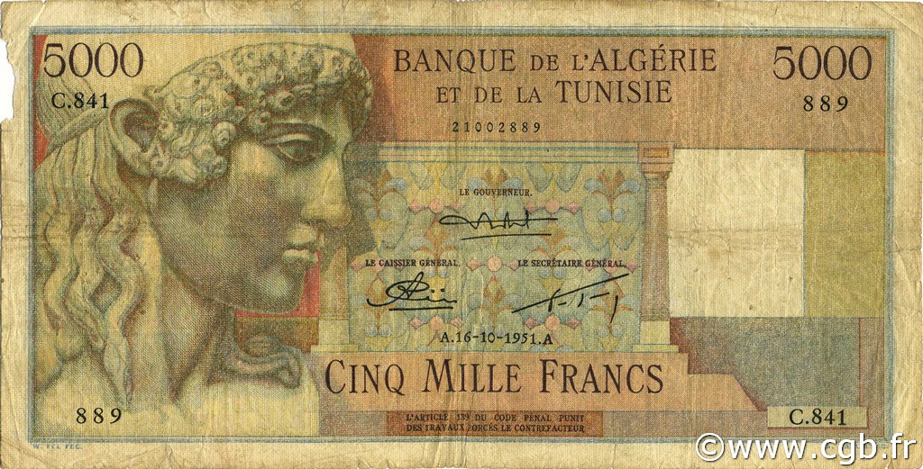 5000 Francs ALGÉRIE  1951 P.109b B+