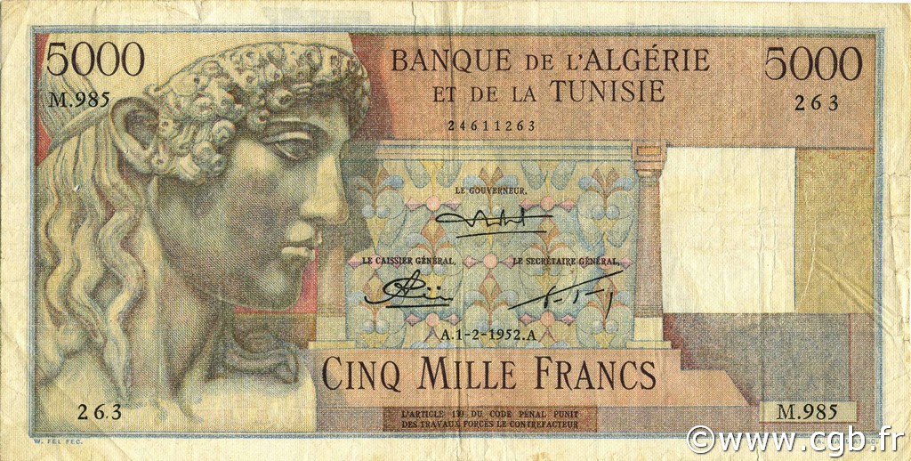 5000 Francs ALGERIA  1952 P.109b F - VF