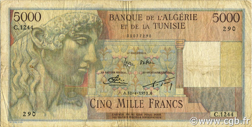 5000 Francs ALGERIA  1953 P.109b B a MB