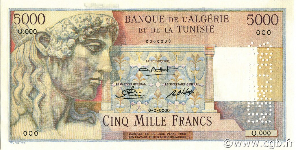 5000 Francs ALGERIA  1946 P.109s q.FDC