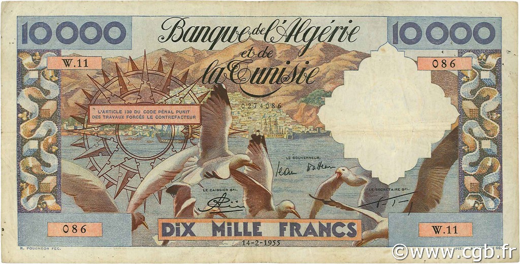 10000 Francs ALGERIA  1955 P.110 F - VF