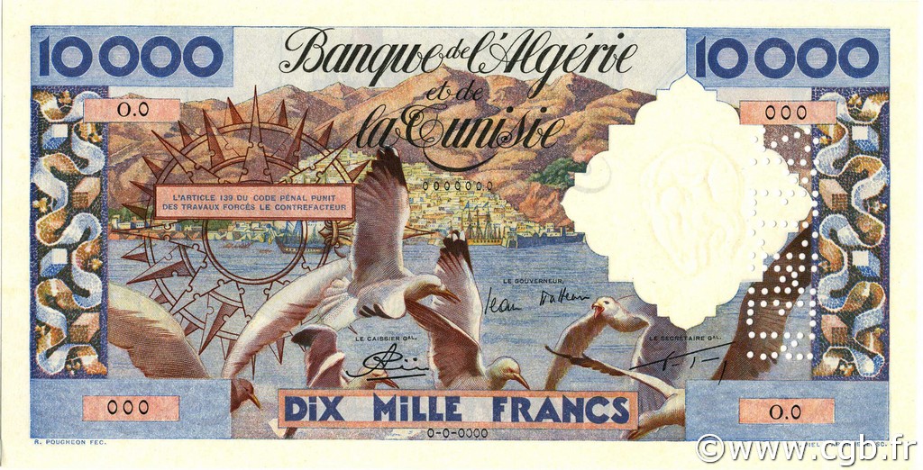 10000 Francs Spécimen ALGÉRIE  1955 P.110s NEUF