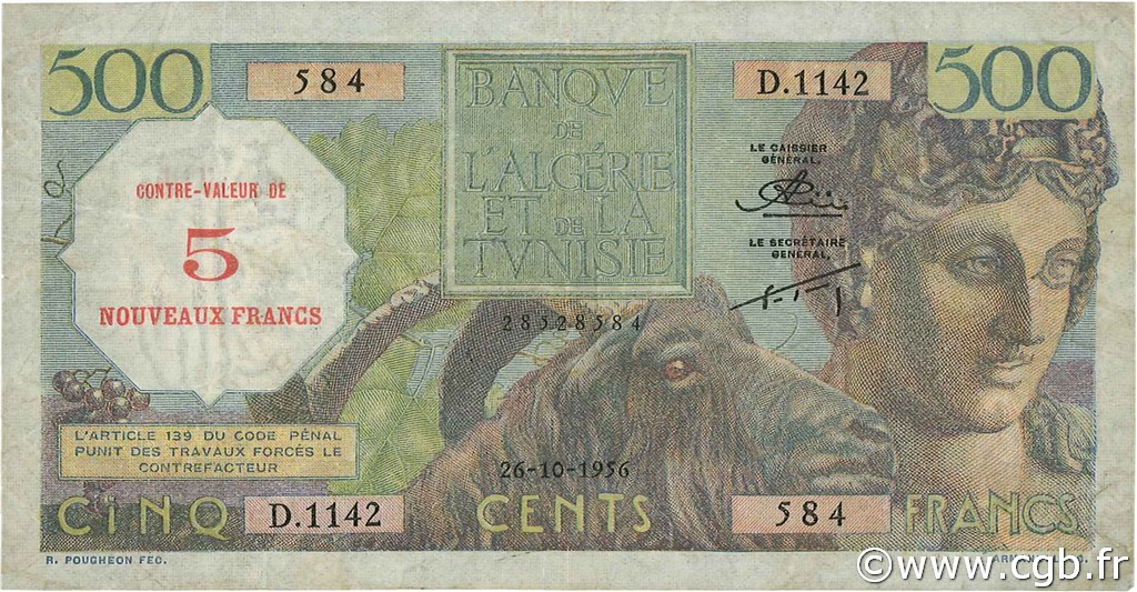 5 NF sur 500 Francs ALGERIA  1956 P.111 BB