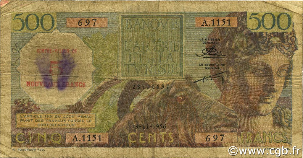 5 NF sur 500 Francs ALGERIEN  1956 P.111 fS