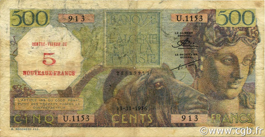 5 NF sur 500 Francs ARGELIA  1956 P.111 RC a BC