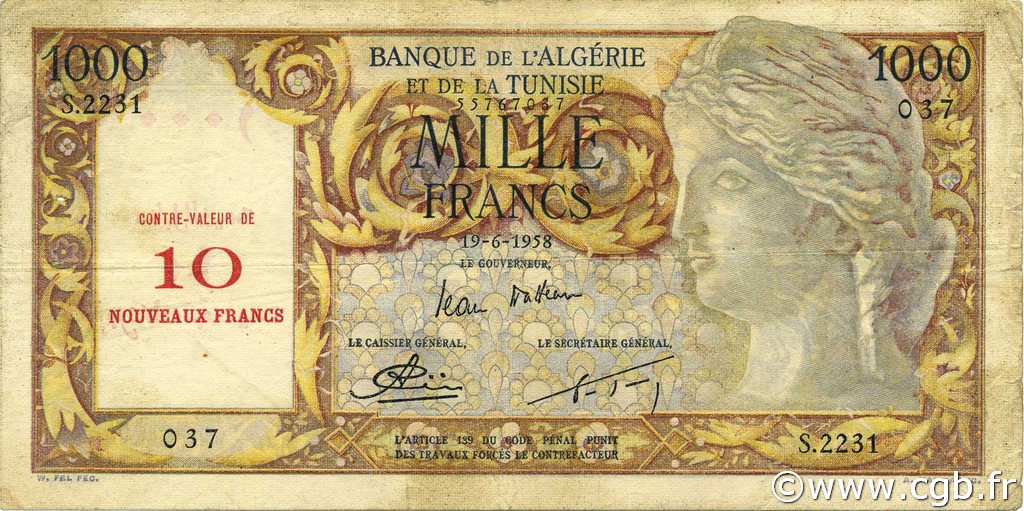 10 NF sur 1000 Francs ARGELIA  1958 P.112 MBC